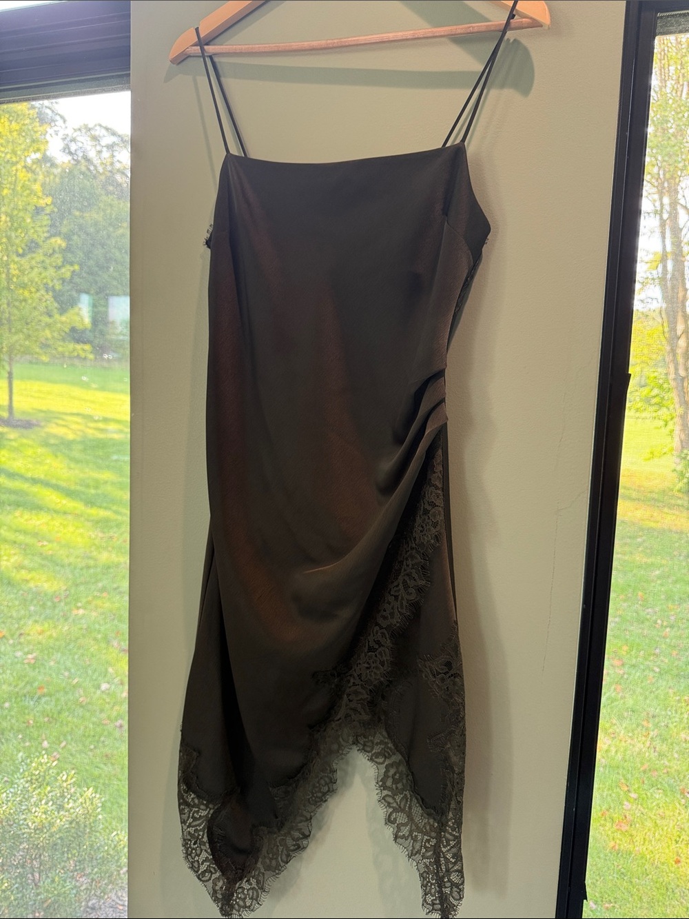 Elegant green Lace Slip Dress with Asymmetric Hem